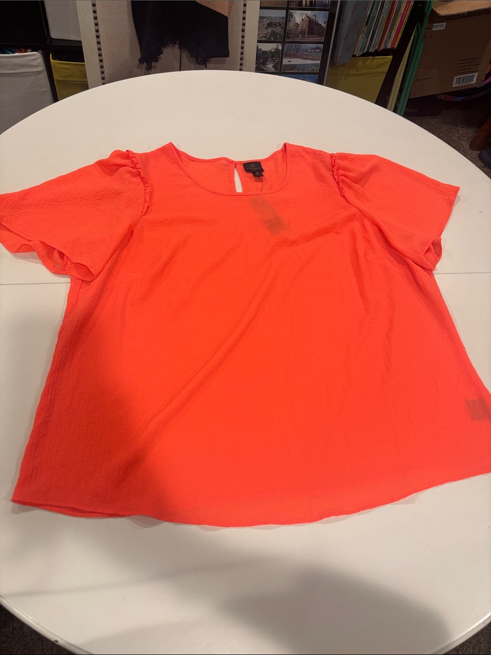 Worthington Women Bright Coral Short Sleeve Ruffle Blouse